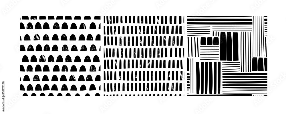 Poster various lines and shapes. stamp texture. set of three black and white abstract seamless patterns. ha