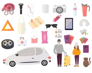 Objects isolated on white background. Set of elements. Family road trip.Travel by car with cat. Vector flat illustration.Travel by car. Planning summer vacations. Summer holiday. Tourism and vacation.