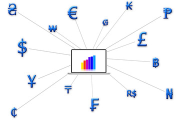 Many currencies linked Technology Business Internet Concept.