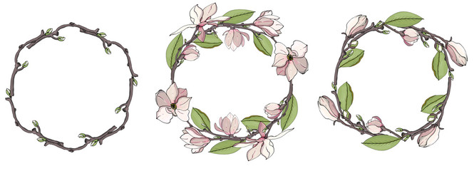 Set of stylish wreaths drawings. Graphic magnolia wreath. Vector floral frame template. Cute flowers arranged in the shape of a wreath is perfect for invitations and greeting cards.