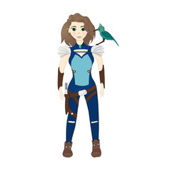 Cartoon character design. Girl in armor with blue bird.