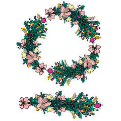 Floral wreath on white background. Bright colorful summer flowers. Vector floral frame template. Cute flowers arranged in the shape of a wreath is perfect for invitations and greeting cards.