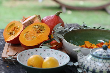 Fototapeta na wymiar Honigmelone, Olive, Mediterran Vegan Orange