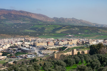 Fototapeta premium Fez Morocco Skyline Scene with Hills and Mountains