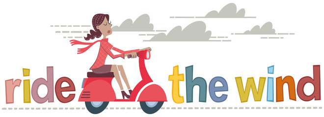 Young woman ride the wind. A retro style horizontal banner of a woman riding a motorcycle.