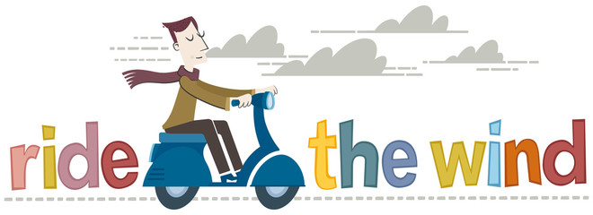 Young man ride the wind. A retro style horizontal banner of a woman riding a motorcycle.
