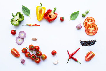 Various fresh vegetables and herbs on white background. Healthy eating concept