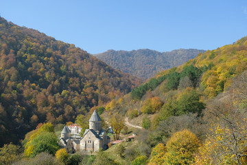 monastery, Church on the background of the autumn forest in Armenia. Dilijan.