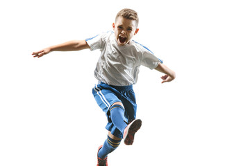 Professional football soccer player with ball isolated on white studio background