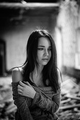The girl suffers and cries. Portrait. Black and white