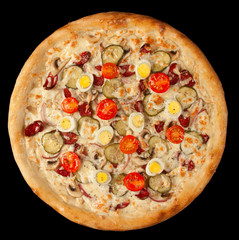 tasty pizza with tomatoes, eggs and ham