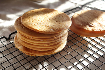 A stack of biscuits shortbread cookies pancake cakes for russian layered honey cake on cooling rack