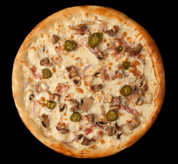 crispy Italian delicious pizza on a black background, pizza ingredients, photo for recipe and menu
