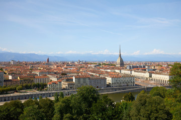 Fototapeta premium Turin city panoramic view, Mole Antonelliana tower and Po river in a sunny summer day in Italy