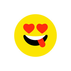 Happy face smiling emoji with open mouth. Funny Smile flat style. Cute Emoticon symbol. Smiley, laugh icon. For mobile app, messenger. Expressive cartoon avatar on white backdrop.