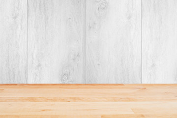 Empty wooden table over white wood background. Copy space for text, design or product display montage.