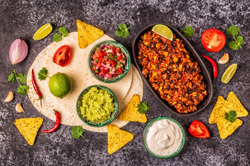 Mexican food concept: tortillas, nachos with guacamole, salsa.