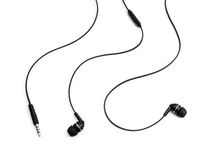 Earbud headphones isolated on white background. Close-up shot.