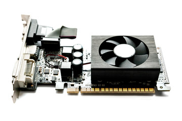 Graphics card or display card or graphics adapter on a white isolated background. Video card for personal computer (PC).