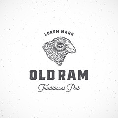 Old Ram Pub Abstract Vector Sign, Symbol or Logo Template. Hand Drawn Ram Head Sketch Sillhouette with Typography and Shabby Texture. Vintage Emblem.
