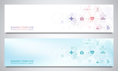 Naklejka na ściany i meble Banners design template for healthcare and medical decoration with flat icons and symbols. Science, medicine and innovation technology concept.