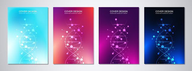 Vector template for cover or brochure, with molecules background and DNA strand. Medical or scientific and technological concept.