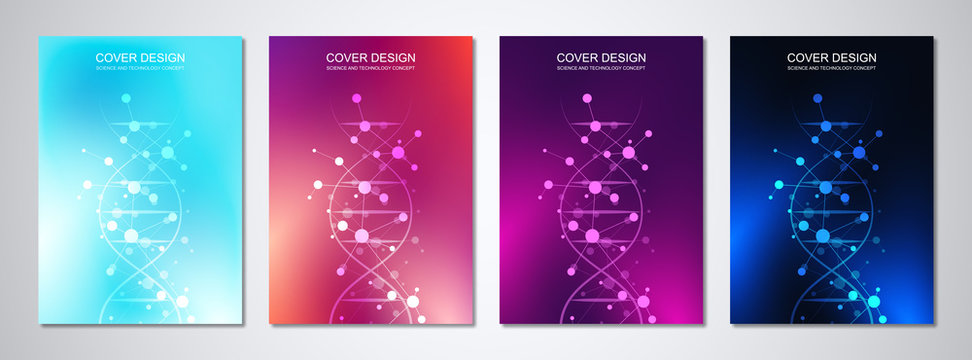 Vector template for cover or brochure, with molecules background and DNA strand. Medical or scientific and technological concept.