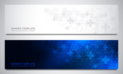 Fototapeta na wymiar Banners and headers for site with medical background and hexagons pattern. Abstract geometric texture. Modern design for decoration website and other ideas.