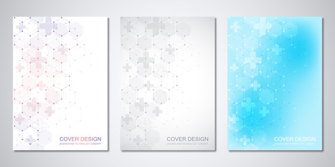 Fototapeta na wymiar Vector templates for cover or brochure with abstract hexagons pattern. Concepts and ideas for medical, healthcare technology, innovation medicine, science.