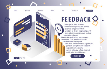 Landing page of feedback service. Isometric people. Abstract. Concept of web page design for website and mobile website. Vector illustration.