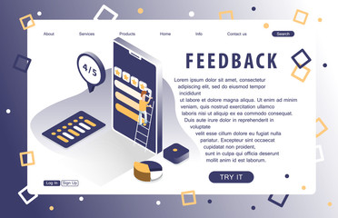 Landing page of feedback service. Isometric people. Abstract. Concept of web page design for website and mobile website. Vector illustration.
