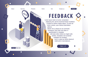 Landing page of feedback service. Isometric people. Abstract. Concept of web page design for website and mobile website. Vector illustration.