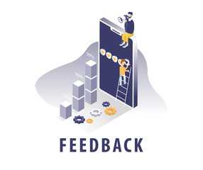 Isometric image with service feedback. People and objects in isometric. Concept illustration of a smartphone and its screens.