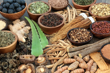 Adaptogen food selection with herbs, spice, fruit & supplement powders. Used in herbal medicine to...