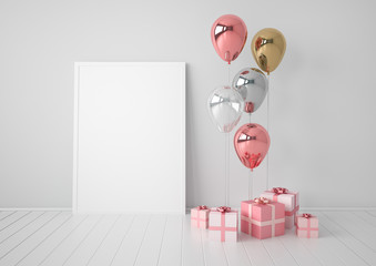 Interior mock up scene with pink and gold gift boxes and balloons. Realistic glossy 3d objects for birthday party or promo posters or banners. Empty space for poster size design element.