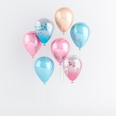 Set of pink, blue and transparent glossy balloons on the stick with sparkles on white background. 3D render for birthday, party, wedding or promotion banners or posters. Realistic illustration.