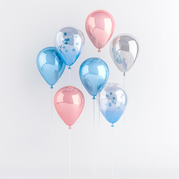 Set of pink, blue and transparent glossy balloons on the stick with sparkles stars on white background. 3D render for birthday, party, wedding or promotion banners or posters. Realistic illustration.