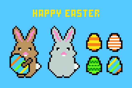 Happy Easter Vector Illustration. 8-bit Pixel Easter Icons. 