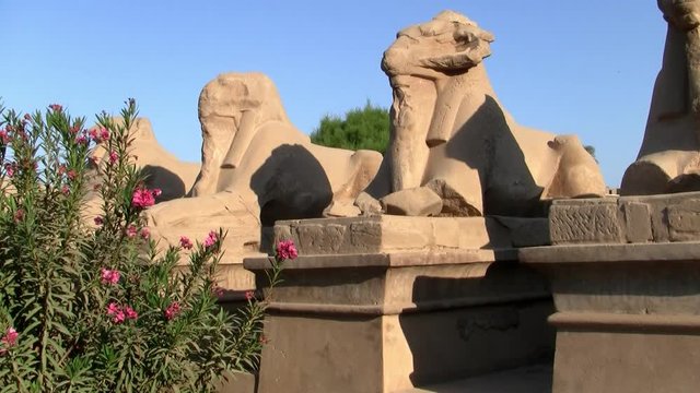 Statues in the Alley of the Ram Headed Sphinxes at the Temple of Karnak in Luxor, Egypt on a Sunny Day