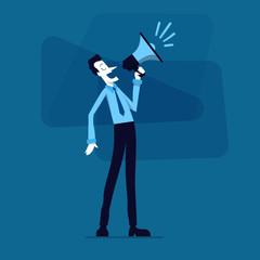 Business character shouting with loudspeaker. Happy worker with megaphone. Flat design cartoon illustration.