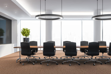 Modern conference room with furniture, big windows and city view 3D Render. Ready for meeting.