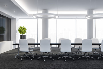 Conference room with table and chairs, big windows and city view 3D Render