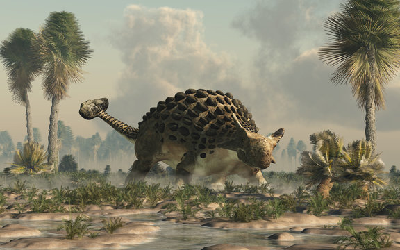 Fototapeta Ankylosaurus, one of the most popular dinosaurs, was a cretaceous era ornithischian herbivore.  The armored dino stands in a watery lowland. 3D Rendering. 