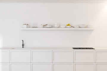 Fototapeta na wymiar Modern disign white kitchen interior with window light. 3d Render.