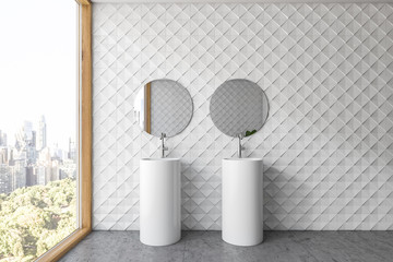 White tile bathroom interior, double sink