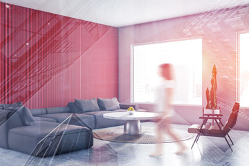 Woman in modern red living room