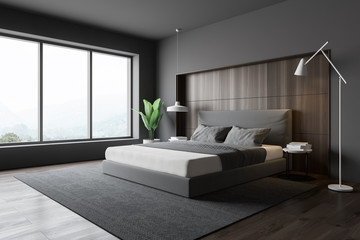 Naklejka na ściany i meble Stylish bedroom interior with white bedding of king size bed in fashionable. 3d render.