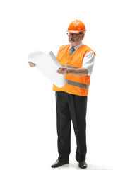 The builder in a construction vest and orange helmet standing on white studio background. Safety specialist, engineer, industry, architecture, manager, occupation, businessman, job concept