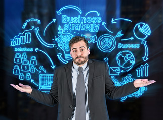 Unsure businessman brainstorming strategy