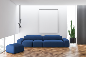 Copy space on grey concrete wall with poster and modern lovely living room sofa interior. 3d render. mockup